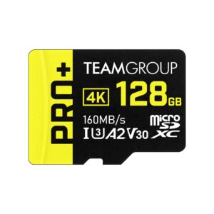 teamgroup a2 pro plus card 128gb micro sdxc uhs-i u3 a2 v30, read/write up to 160/110 mb/s for nintendo-switch, gaming devices, tablets, smartphones, 4k shooting, with adapter tppmsdx128gia2v3003