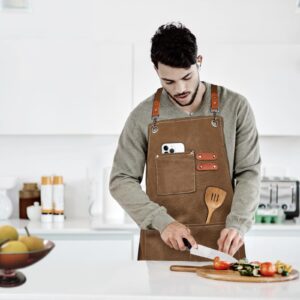 APRONPANDA Cross-Back Chef Aprons for Men Women with Pockets,Cotton Canvas Adjustable Cooking Work Apron for Kitchen,BBQ & Grill,Garden (Brown)