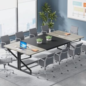 tribesigns 8ft conference table, rectangular meeting room tables with cable grommet, 94.48l x 47.24w x 29.52h inch, large seminar table desk for home office, meeting room (gray and black)