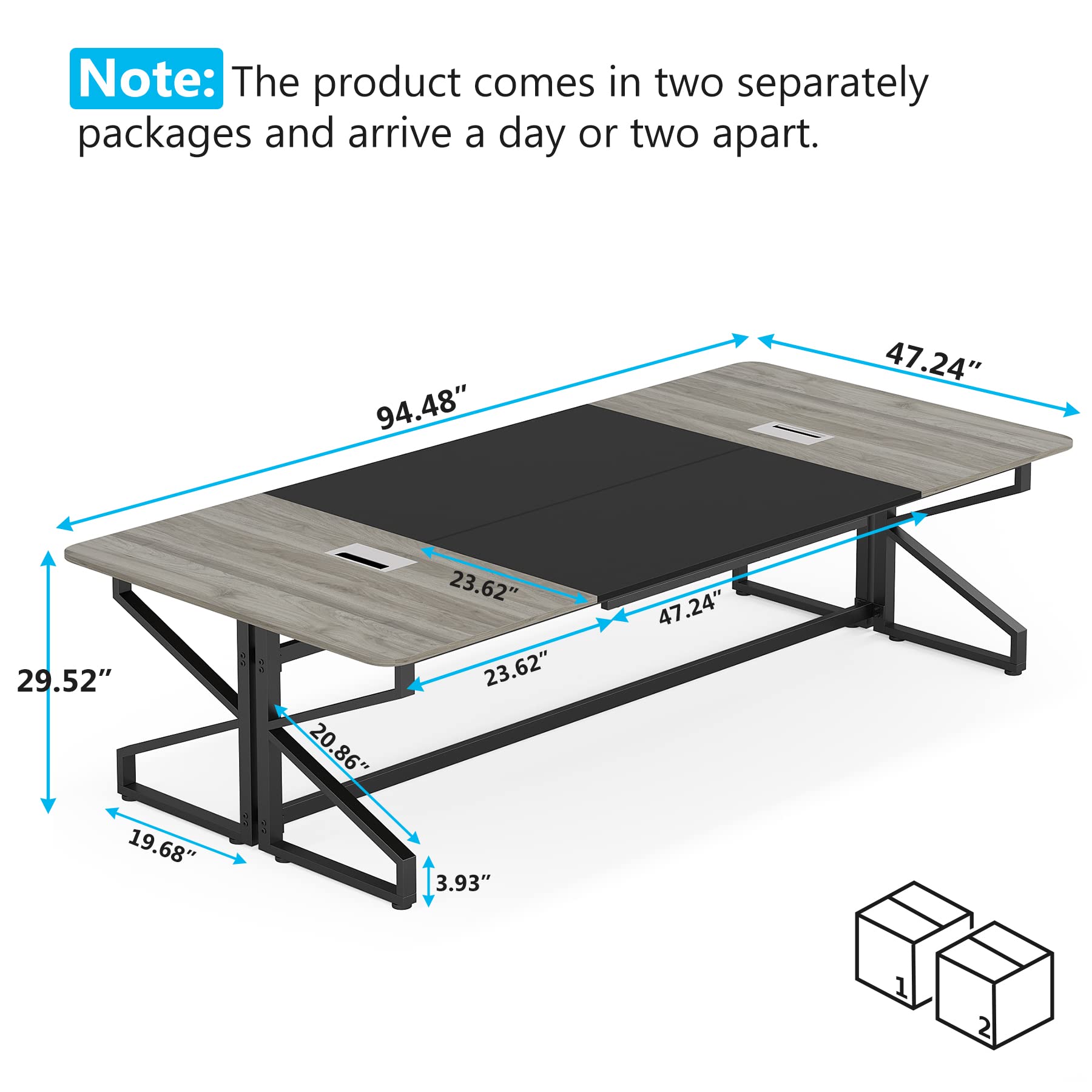 Tribesigns 8FT Conference Table, Rectangular Meeting Room Tables with Cable Grommet, 94.48L x 47.24W x 29.52H Inch, Large Seminar Table Desk for Home Office, Meeting Room (Gray and Black)