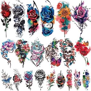 77 sheets temporary tattoo, 17 sheets half arm flower rose skull butterfly snake fake tattoos for adults, 60 sheets tiny waterproof temporary tattoos body art sticker realistic for women girls or kids