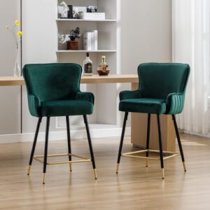 QUINJAY 26" Green Counter Height Bar Stools Set of 2, Velvet Upholstered Gold Bar Stools with Wing Back, Modern Kitchen Island Bar stools with Footrest High Dining Chairs for Dining Room Home Pub