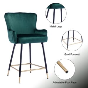 QUINJAY 26" Green Counter Height Bar Stools Set of 2, Velvet Upholstered Gold Bar Stools with Wing Back, Modern Kitchen Island Bar stools with Footrest High Dining Chairs for Dining Room Home Pub