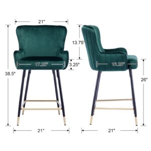 QUINJAY 26" Green Counter Height Bar Stools Set of 2, Velvet Upholstered Gold Bar Stools with Wing Back, Modern Kitchen Island Bar stools with Footrest High Dining Chairs for Dining Room Home Pub