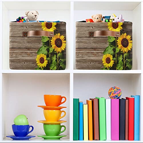 DEHOZO Storage Basket Bins, Summer Wooden Sunflower Flower Collapsible Storage Cubes Organizer with Handles, Closet Shelves Clothes Storage Box Toys Organizer for Bedroom Living Room, 2pcs