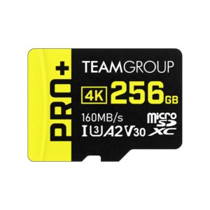 teamgroup a2 pro plus card 256gb micro sdxc uhs-i u3 a2 v30, read/write up to 160/110 mb/s for nintendo-switch, gaming devices, tablets, smartphones, 4k shooting, with adapter tppmsdx256gia2v3003