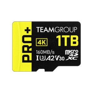 teamgroup a2 pro plus card 1tb micro sdxc uhs-i u3 a2 v30, r/w up to 160/110 mb/s for nintendo-switch, steam deck, gaming devices, tablets, smartphones, 4k shooting, with adapter tppmsdx1tia2v3003