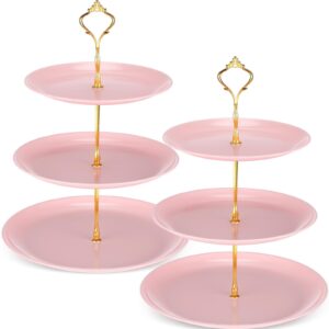 set of 2 cupcake display stands 3 tier serving tray platters stainless steel cup cake tower for birthday party wedding cakes dessert cookie candy (pink)