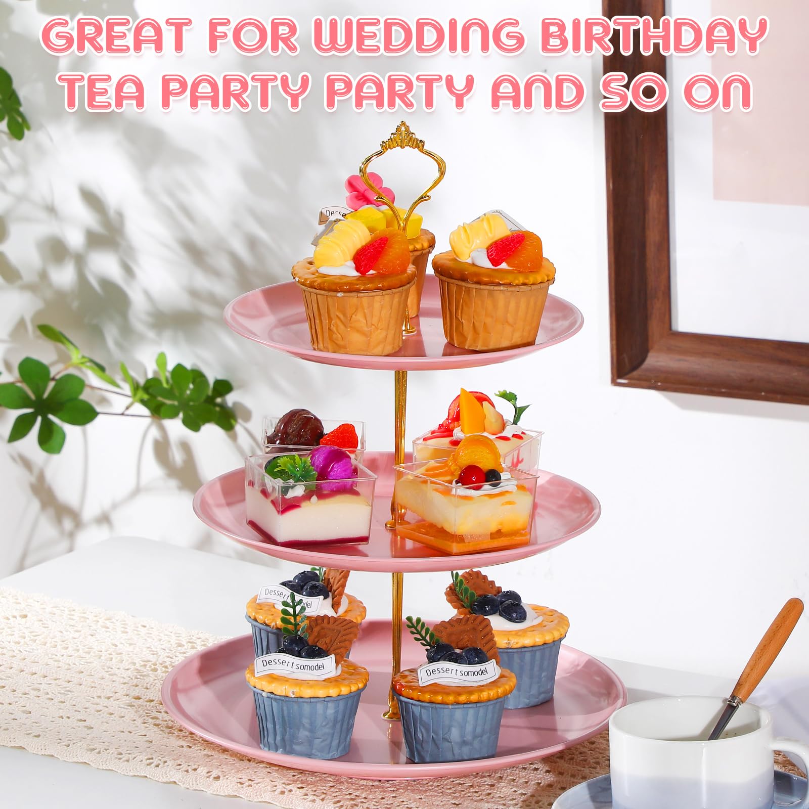 Set of 2 Cupcake Display Stands 3 Tier Serving Tray Platters Stainless Steel Cup Cake Tower for Birthday Party Wedding Cakes Dessert Cookie Candy (Pink)