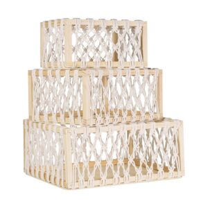 Wongblee Macrame Storage Baskets Set of 3, Decorative Wood Baskets, Nesting Organizer Boxes for Shelves, Boho Room Décor