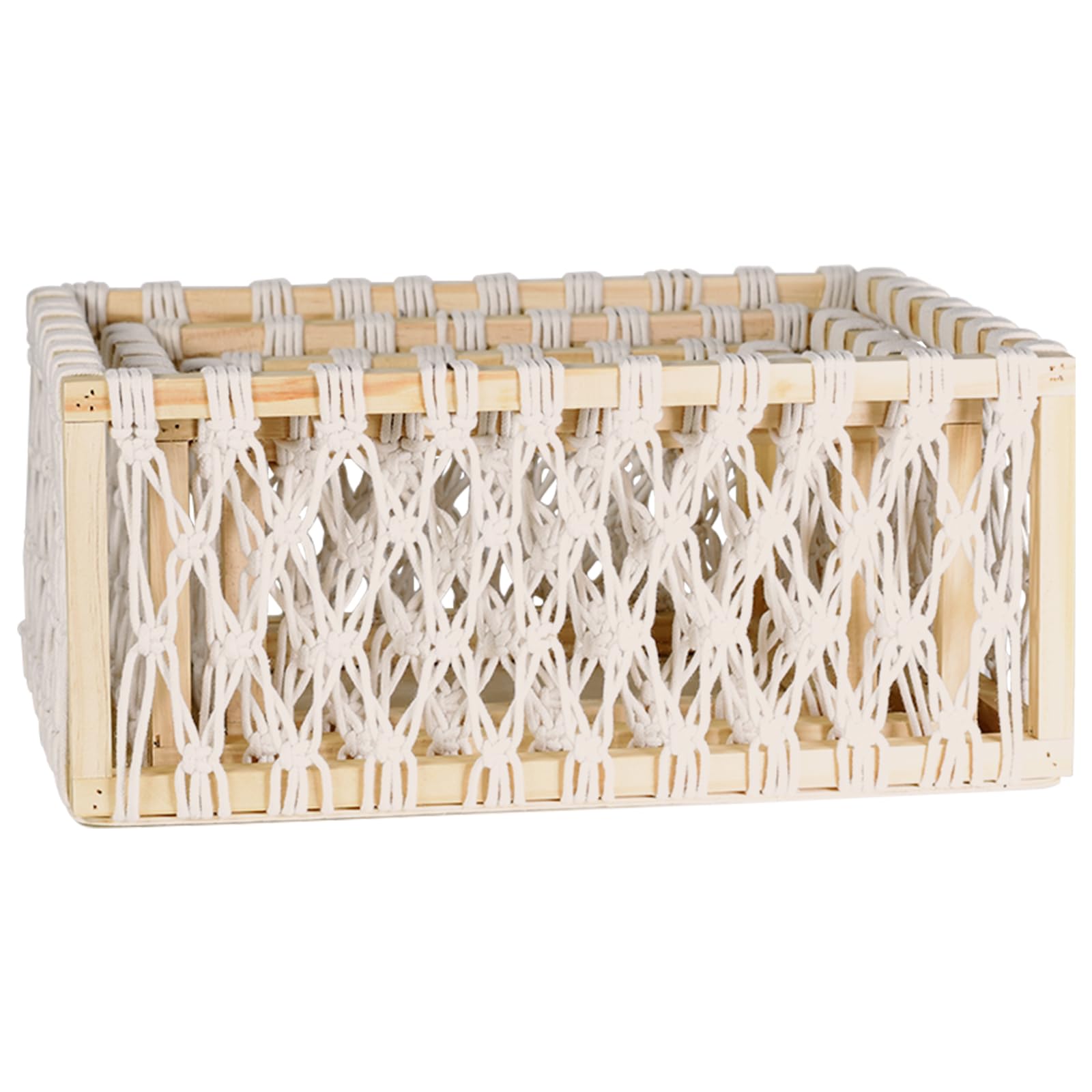 Wongblee Macrame Storage Baskets Set of 3, Decorative Wood Baskets, Nesting Organizer Boxes for Shelves, Boho Room Décor