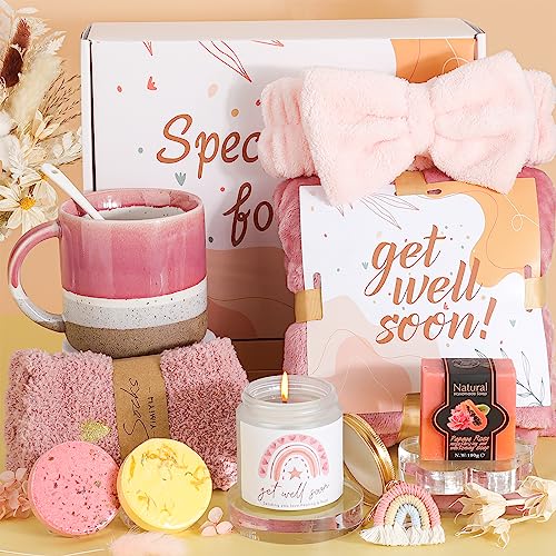 Get Well Soon Gifts for Women, Care Package Gift Feel Better Basket，Personalized Gifts After Surgery Recovery Gift Thinking of You Box with Blanket Coffee Tumbler for Women Friends Female