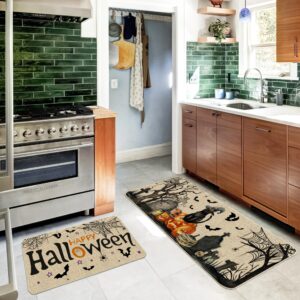 Hexagram Halloween Kitchen Mats Set of 2, Happy Halloween Kitchen Rugs and Mats, Farmhouse Buffalo Plaid Black Cat Mats for Floor Decorations, Decorative Halloween Kitchen Decor 17x29 Inch-17x47 inch