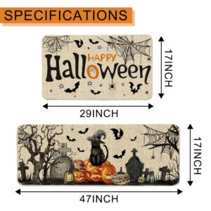 Hexagram Halloween Kitchen Mats Set of 2, Happy Halloween Kitchen Rugs and Mats, Farmhouse Buffalo Plaid Black Cat Mats for Floor Decorations, Decorative Halloween Kitchen Decor 17x29 Inch-17x47 inch