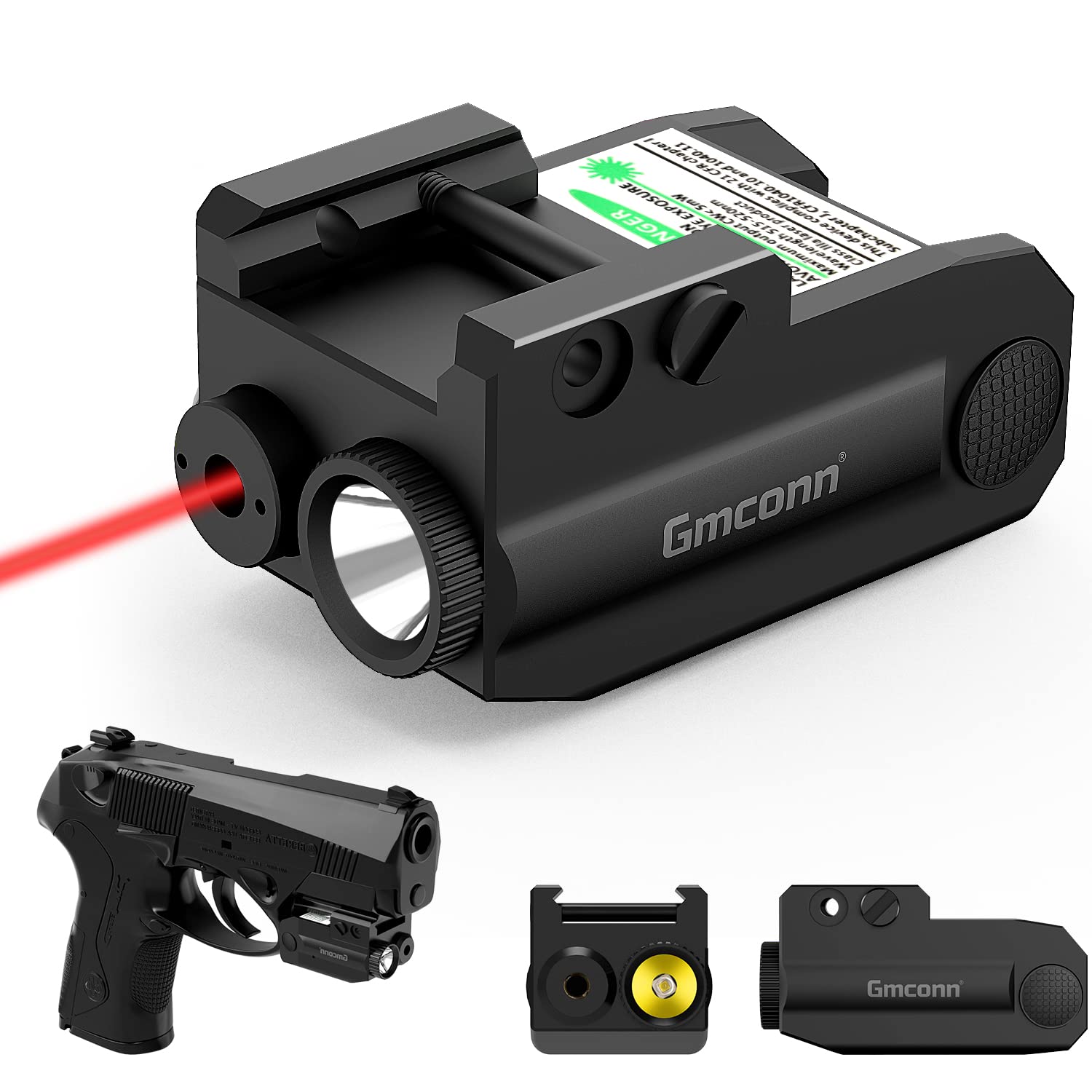 Gmconn Pistol Green Red Laser Light Combot, 350 lm Gun Flashlight with Strobe Mode Green Red Laser for Handgun,Compact Rail Mount Tactical Flashlight, USB Rechargeable Weapon for Pistols (Red Laser)