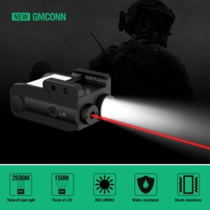 Gmconn Pistol Green Red Laser Light Combot, 350 lm Gun Flashlight with Strobe Mode Green Red Laser for Handgun,Compact Rail Mount Tactical Flashlight, USB Rechargeable Weapon for Pistols (Red Laser)