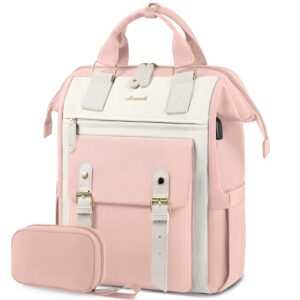 lovevook laptop backpack purse for women, work travel backpack, nurse teacher doctor business laptop bag, fashion college backpack, waterproof wide open computer back pack, 15.6 inch, pink-beige
