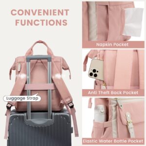 LOVEVOOK Laptop Backpack Purse For Women, Work Travel Backpack, Nurse Teacher Doctor Business Laptop Bag, Fashion College Backpack, Waterproof Wide Open Computer Back pack, 15.6 Inch, Pink-Beige