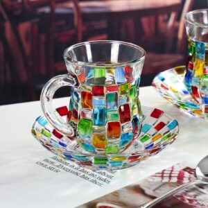 StarLuckINT Unique glass teacups, 4 oz glass espresso cups and saucers, hand-painted stained cups, set of 2, dishwasher microwave safe, for Lungo, Moka, Americano and small hot drinks (warm colors)