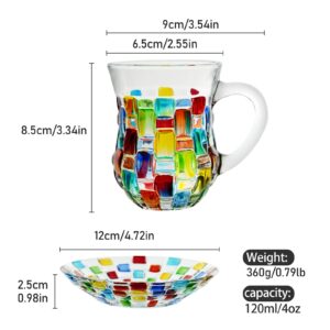 StarLuckINT Unique glass teacups, 4 oz glass espresso cups and saucers, hand-painted stained cups, set of 2, dishwasher microwave safe, for Lungo, Moka, Americano and small hot drinks (warm colors)
