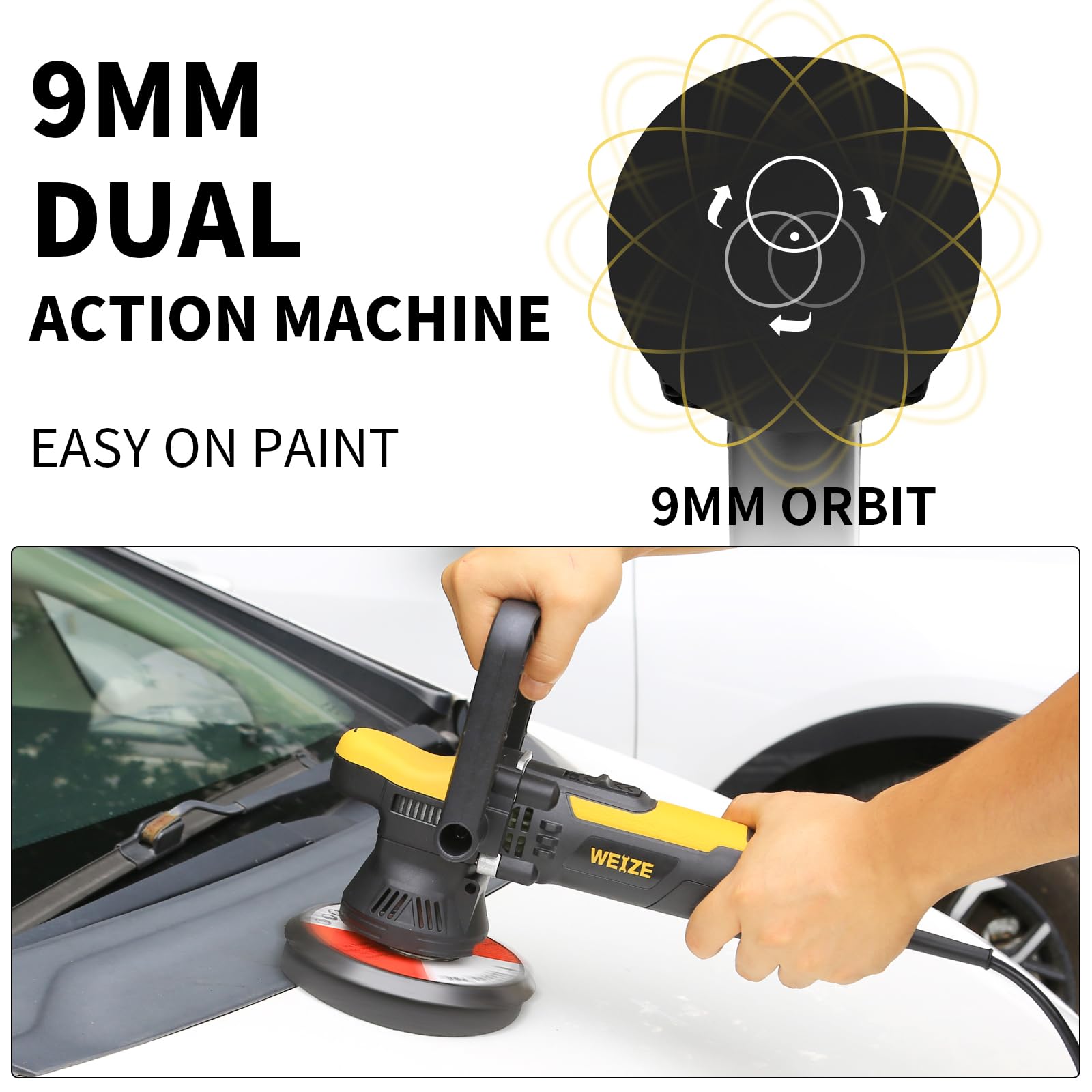 WEIZE Dual Action Polisher, 5 /6 Inch Random Orbital Buffer Polisher for Car Detailing, 2000-6400 OPM, 6 Variable Speed with Detachable Pads, Polishes & Compounds Kit Perfect for Boat, Car Polishing