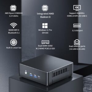 Kinupute Mini PC with Ryzen 9 5900HX Upto 4.6GHz, Desktop Computer with 64G DDR4, 1T M.2 NVME SSD, Windows 11 Pro, , DP/HDMI/USB-C Port, 4K@60Hz Triple Display, Dual LAN, 1x2.5G LAN, WiFi 6/BT5.1