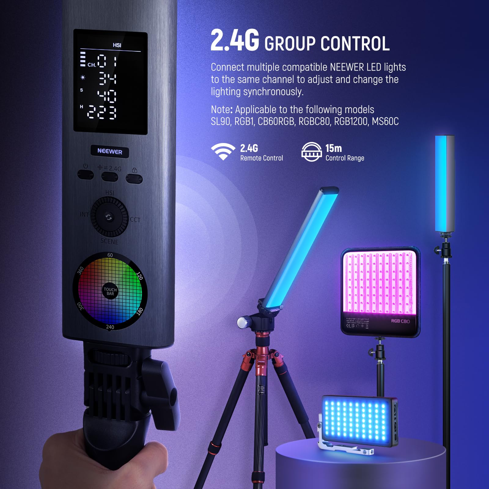 NEEWER Upgraded Interactive RGB LED Video Light Stick with Stand Kit, 2 Pack BH-30S Photography Lighting Wand with RGBWW Hue Mixer/2.4G APP Control/2500K-10000K/CRI&TLCI97+/18 Effects/31Wh Battery