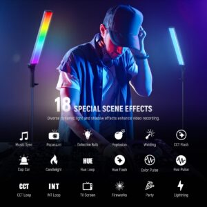 NEEWER Upgraded Interactive RGB LED Video Light Stick with Stand Kit, 2 Pack BH-30S Photography Lighting Wand with RGBWW Hue Mixer/2.4G APP Control/2500K-10000K/CRI&TLCI97+/18 Effects/31Wh Battery