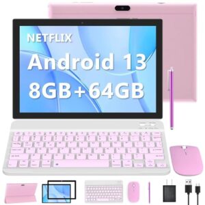 android 13 tablet with keyboard, 2 in 1 tablet 10.1 inch, 6gb ram+64gb rom/512gb expandable tablet pc, 2.0ghz quad-core hd ips screen, 8mp camera, 2.4g/5g wifi 6 bt 5.0 tablets with case mouse stylus