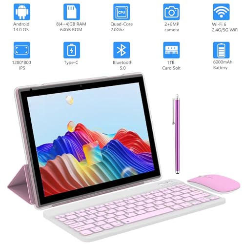 Android 13 Tablet with Keyboard, 2 in 1 Tablet 10.1 Inch, 6GB RAM+64GB ROM/512GB Expandable Tablet PC, 2.0Ghz Quad-Core HD IPS Screen, 8MP Camera, 2.4G/5G WiFi 6 BT 5.0 Tablets with Case Mouse Stylus