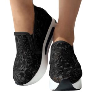 Wedge Floral Walking Shoes Embroidery Floral Mesh Lace Chunky Sneakers Slip On Arch Support Shoes Fashion Sneakers