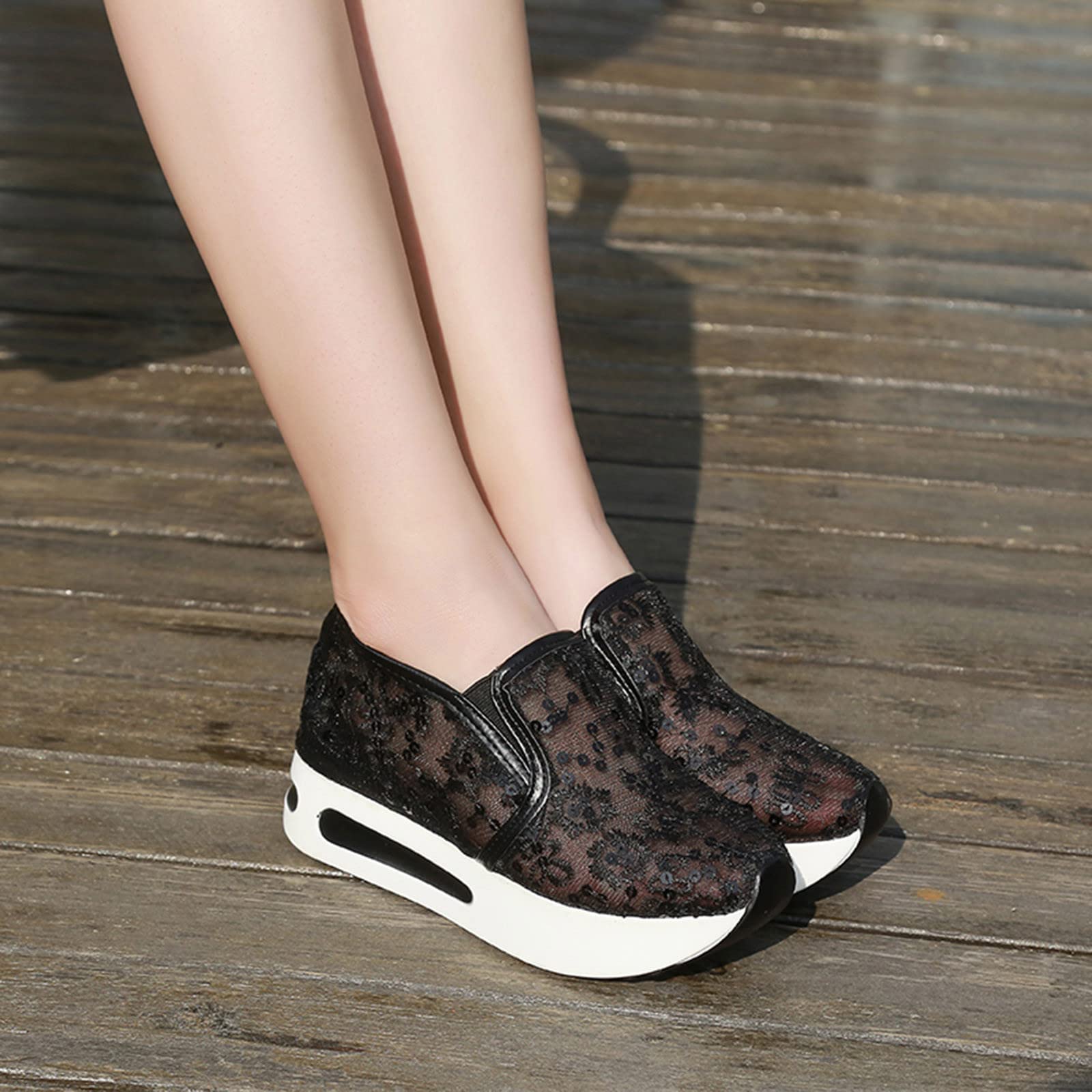 Wedge Floral Walking Shoes Embroidery Floral Mesh Lace Chunky Sneakers Slip On Arch Support Shoes Fashion Sneakers