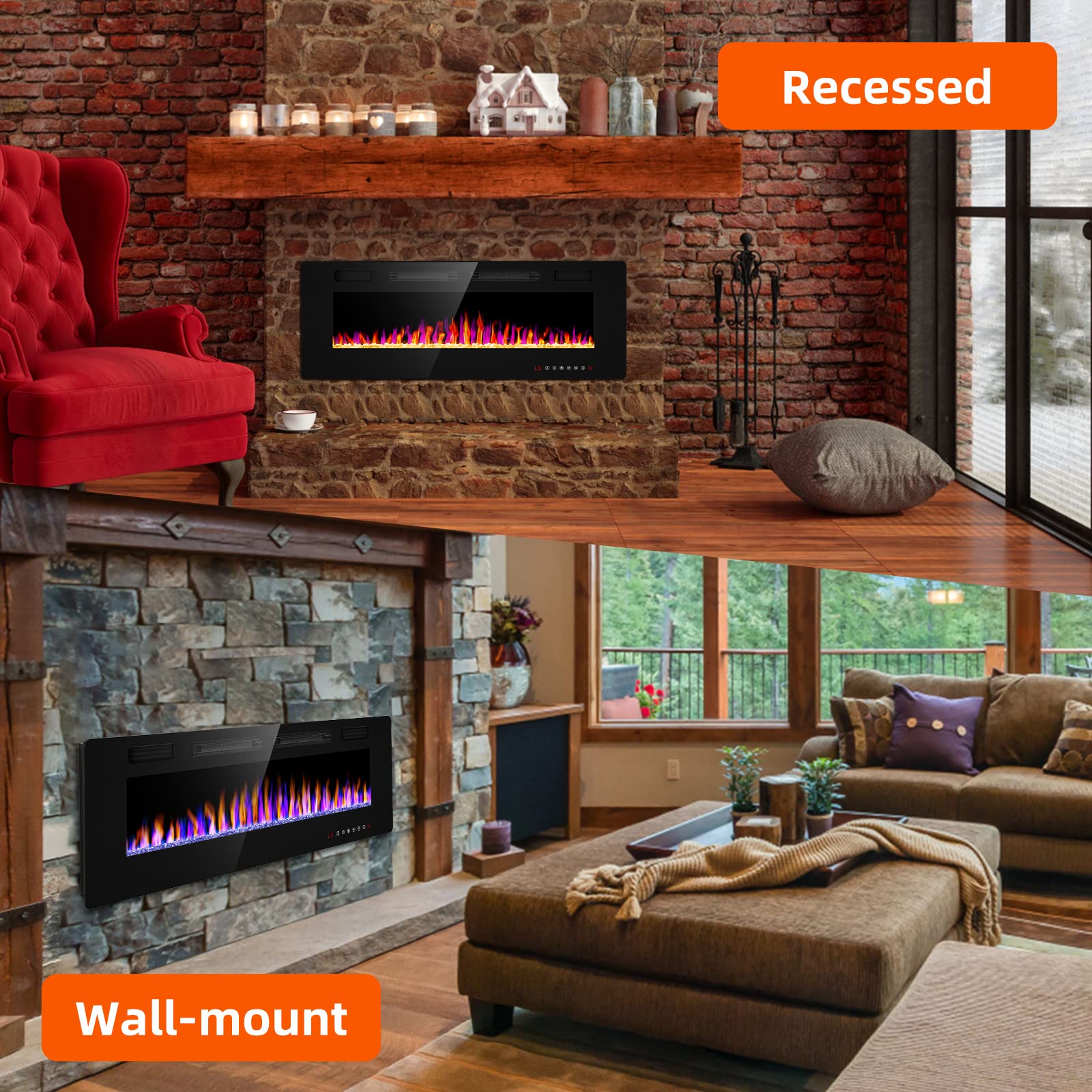 Electric Fireplace-60'' Wall Fireplace for Living Room-Fireplace Heater Insert Wall Mounted with Remote Control,Timer,12 Flame Colors,750/150W,Ultra Thin