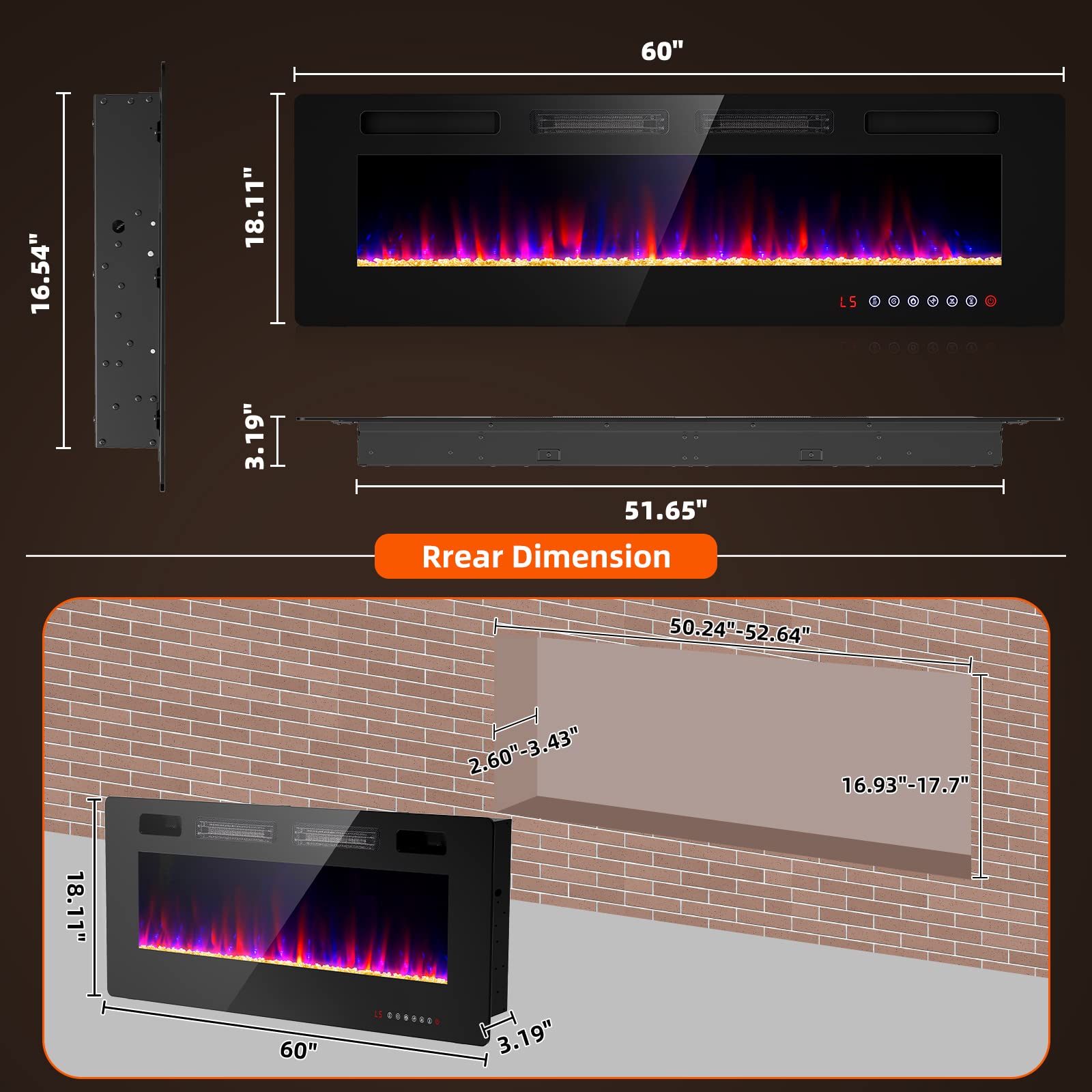 Electric Fireplace-60'' Wall Fireplace for Living Room-Fireplace Heater Insert Wall Mounted with Remote Control,Timer,12 Flame Colors,750/150W,Ultra Thin