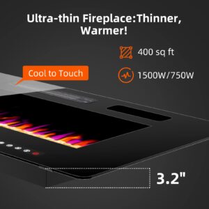 Electric Fireplace-60'' Wall Fireplace for Living Room-Fireplace Heater Insert Wall Mounted with Remote Control,Timer,12 Flame Colors,750/150W,Ultra Thin