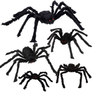 dinesil halloween spider decorations, 5 pack halloween realistic hairy spiders set, giant halloween spider props for halloween indoor outdoor house yard patio party decorations (36" 30" 24" 20" 12")