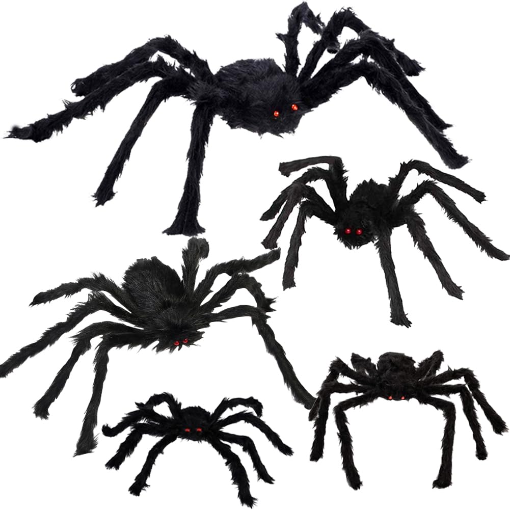 DINESIL Halloween Spider Decorations, 5 Pack Halloween Realistic Hairy Spiders Set, Giant Halloween Spider Props for Halloween Indoor Outdoor House Yard Patio Party Decorations (36" 30" 24" 20" 12")