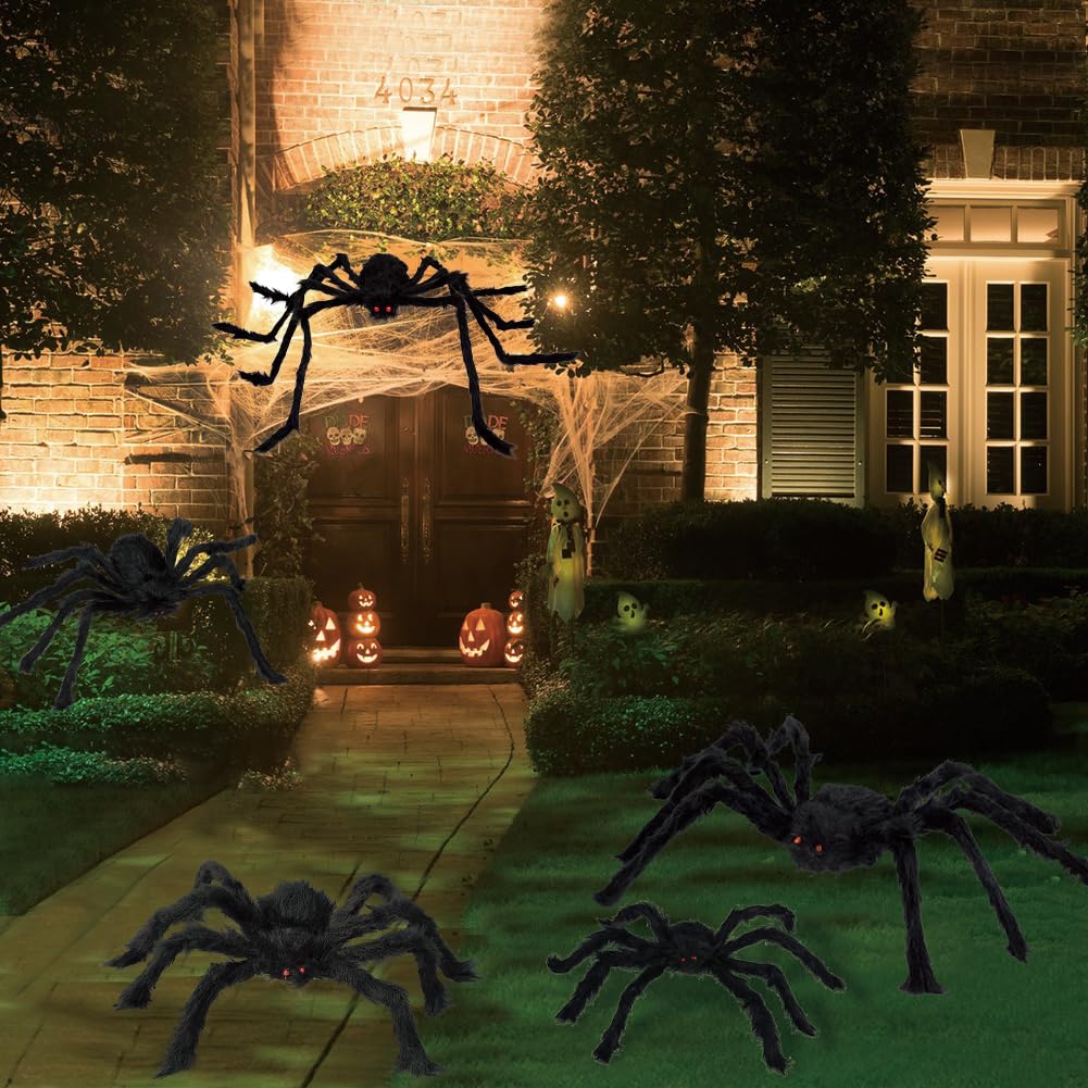 DINESIL Halloween Spider Decorations, 5 Pack Halloween Realistic Hairy Spiders Set, Giant Halloween Spider Props for Halloween Indoor Outdoor House Yard Patio Party Decorations (36" 30" 24" 20" 12")