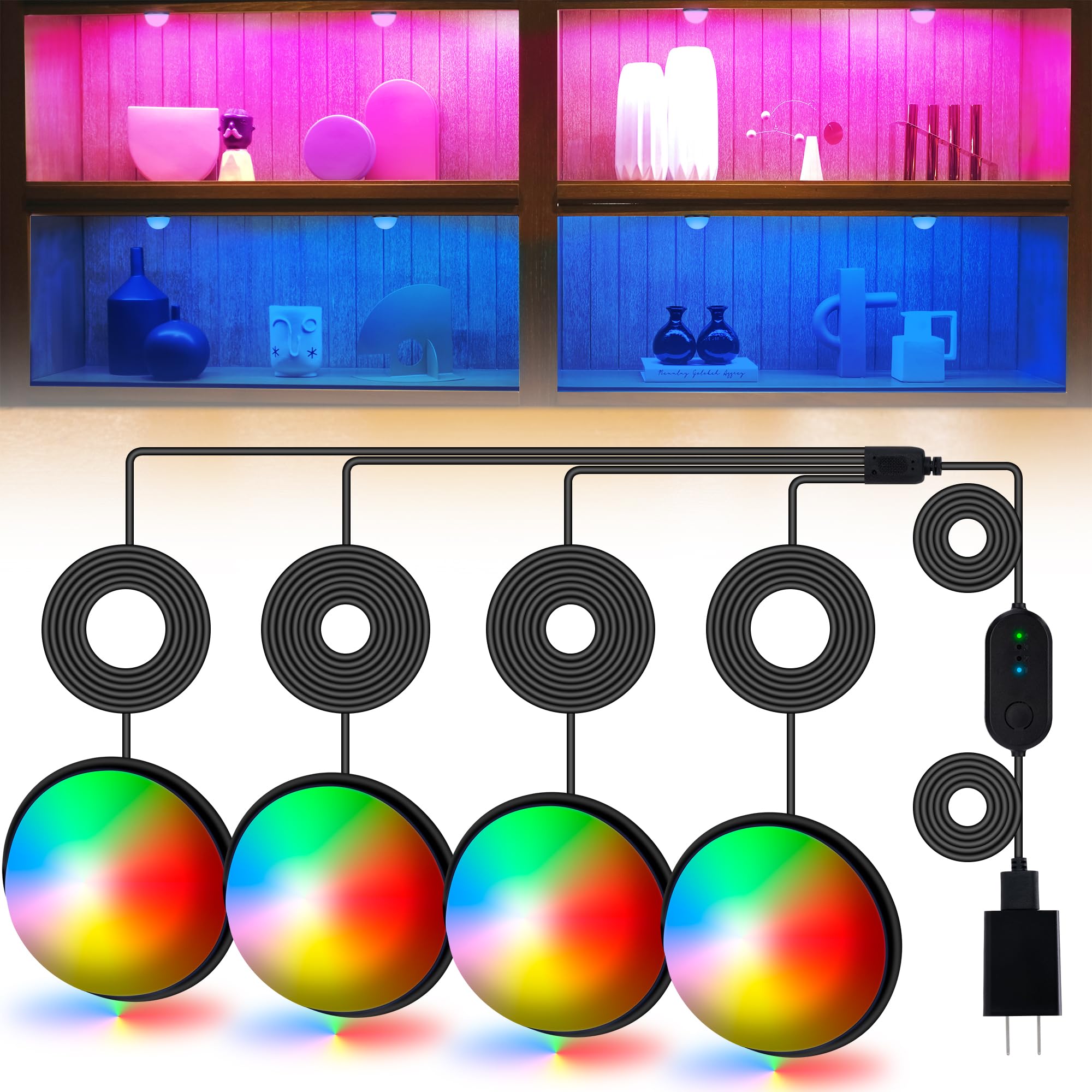 4 Pack RGB Shelf Lights, Wired Display Lights with Memory Function, Plug-in Bookshelf Lighting, Color Changing Under Shelf Lighting, RGB Puck Lights for Shelf/Cabinet/Display Case, Button Control