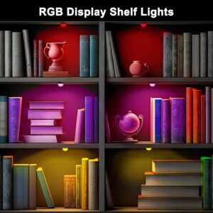 4 Pack RGB Shelf Lights, Wired Display Lights with Memory Function, Plug-in Bookshelf Lighting, Color Changing Under Shelf Lighting, RGB Puck Lights for Shelf/Cabinet/Display Case, Button Control