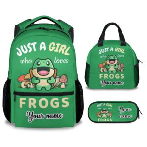 cunexttime custom frog backpack with lunch box and pencil case, set of 3 cute bookbag for girls boys, lightweight large capacity school bag