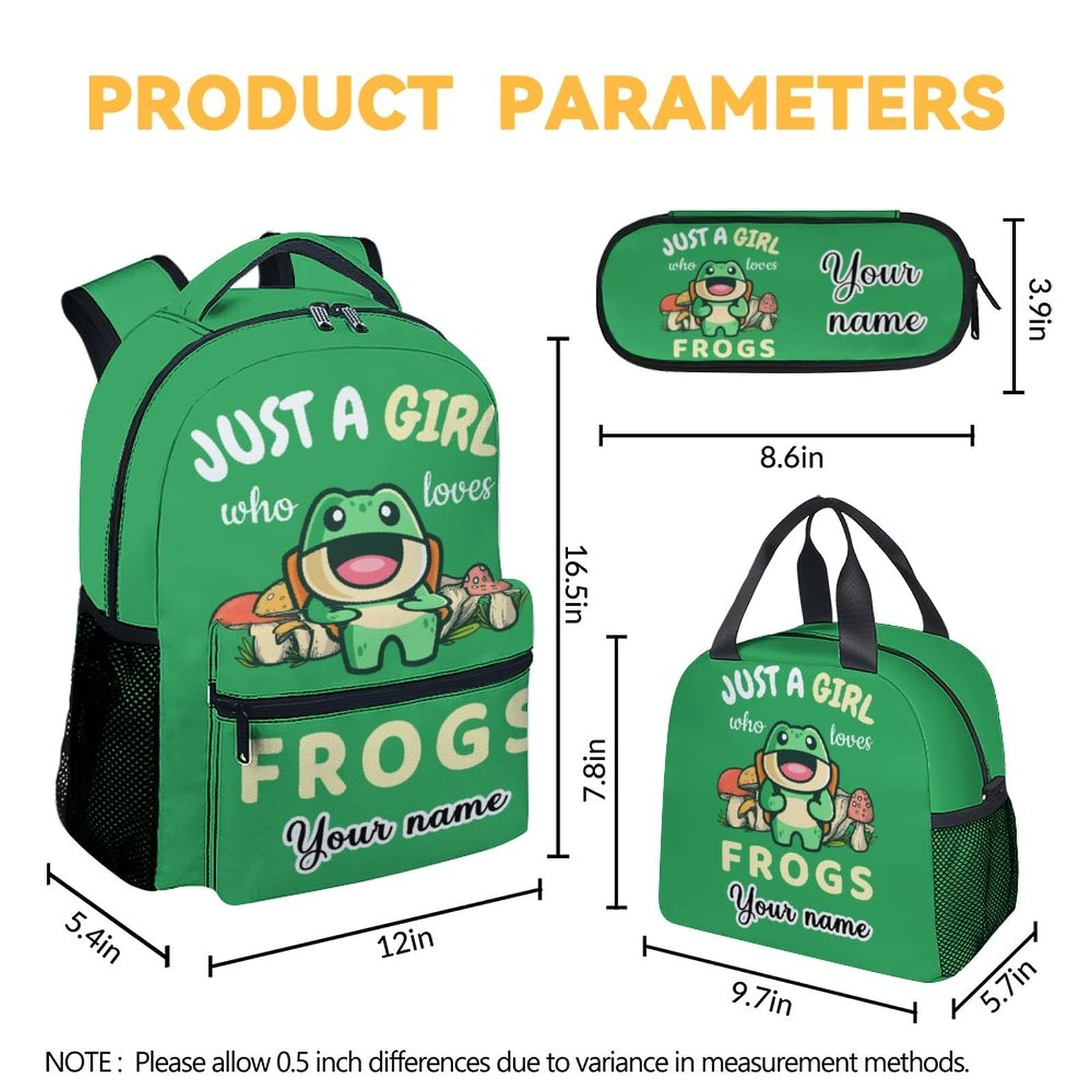 CUNEXTTIME Custom Frog Backpack with Lunch Box And Pencil Case, Set of 3 Cute Bookbag for Girls Boys, Lightweight Large Capacity School Bag