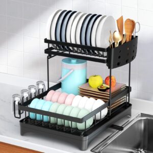 zyerch dish rack 2 level countertop drying rack with drain tray, kitchen dish strainers with utensil holder,overhang cutting boards large capacity and space saving