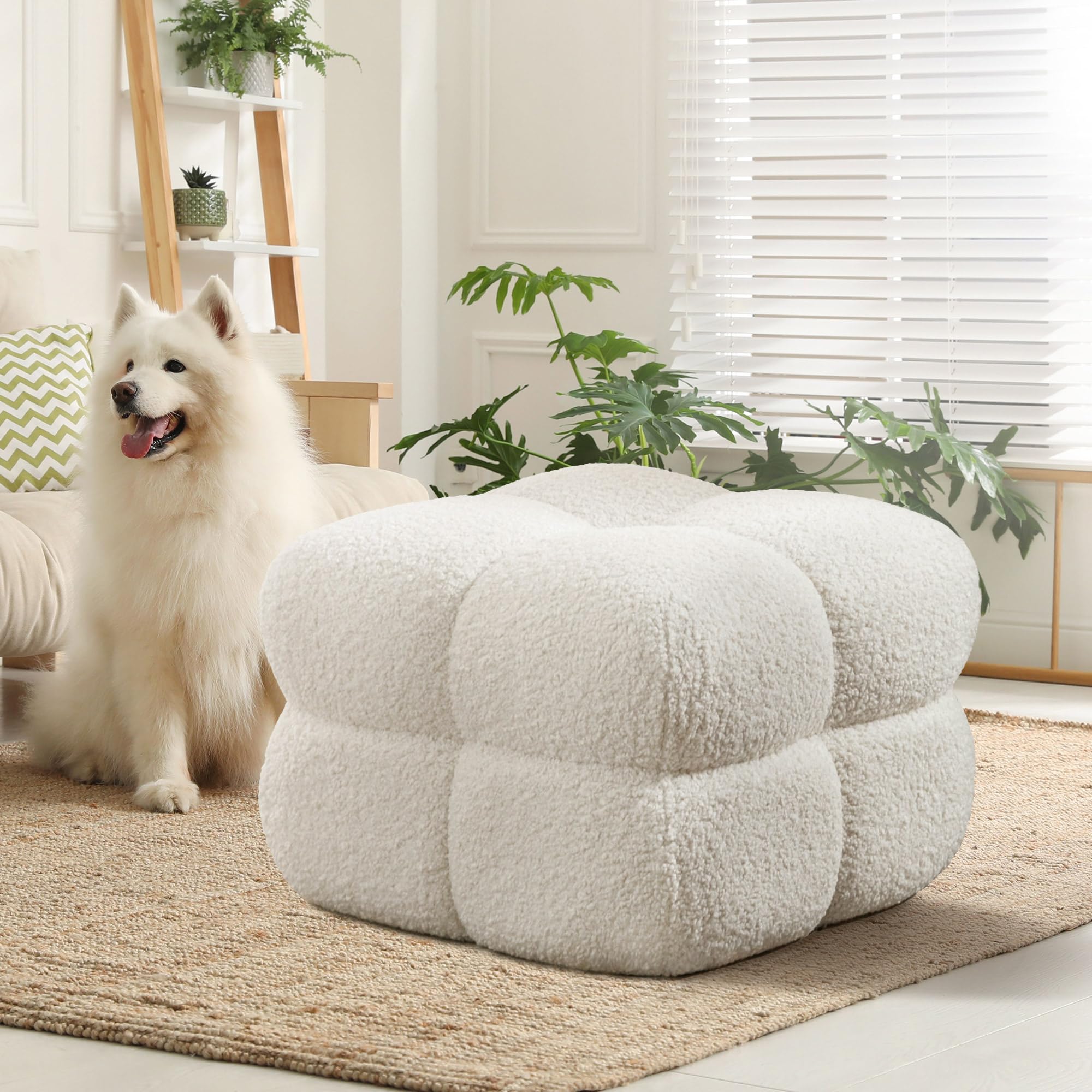 ONEVOG Couch Sherpa Pouf Chair 23.6" W Floor Pouf, White Fuzzy Square Ottoman, Funky Dressing Seat for Dressing Room, Living Room Extra Seating, Tufted Coffee Table Home Decor