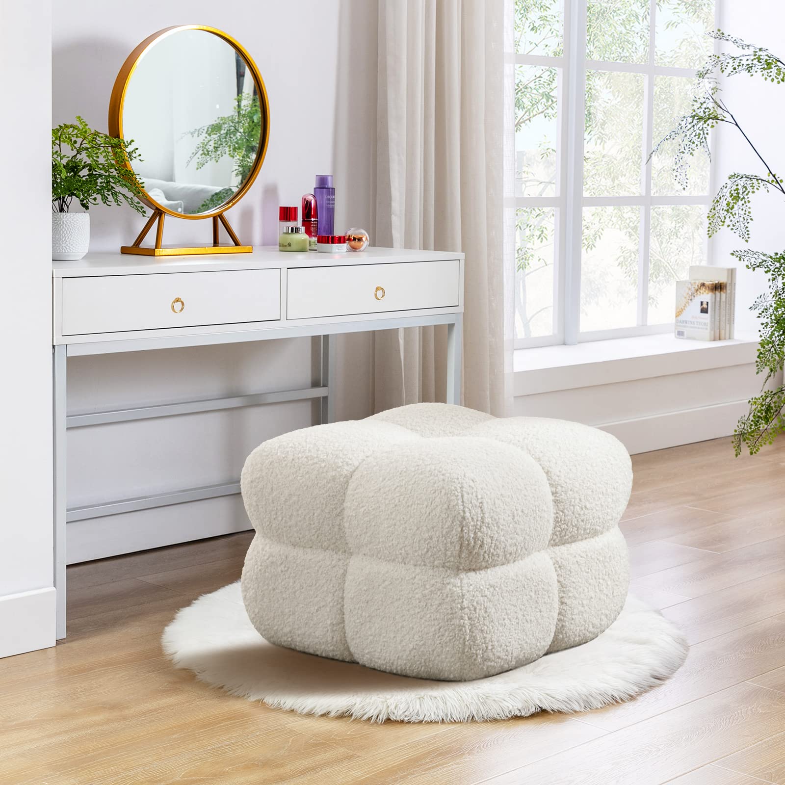 ONEVOG Couch Sherpa Pouf Chair 23.6" W Floor Pouf, White Fuzzy Square Ottoman, Funky Dressing Seat for Dressing Room, Living Room Extra Seating, Tufted Coffee Table Home Decor