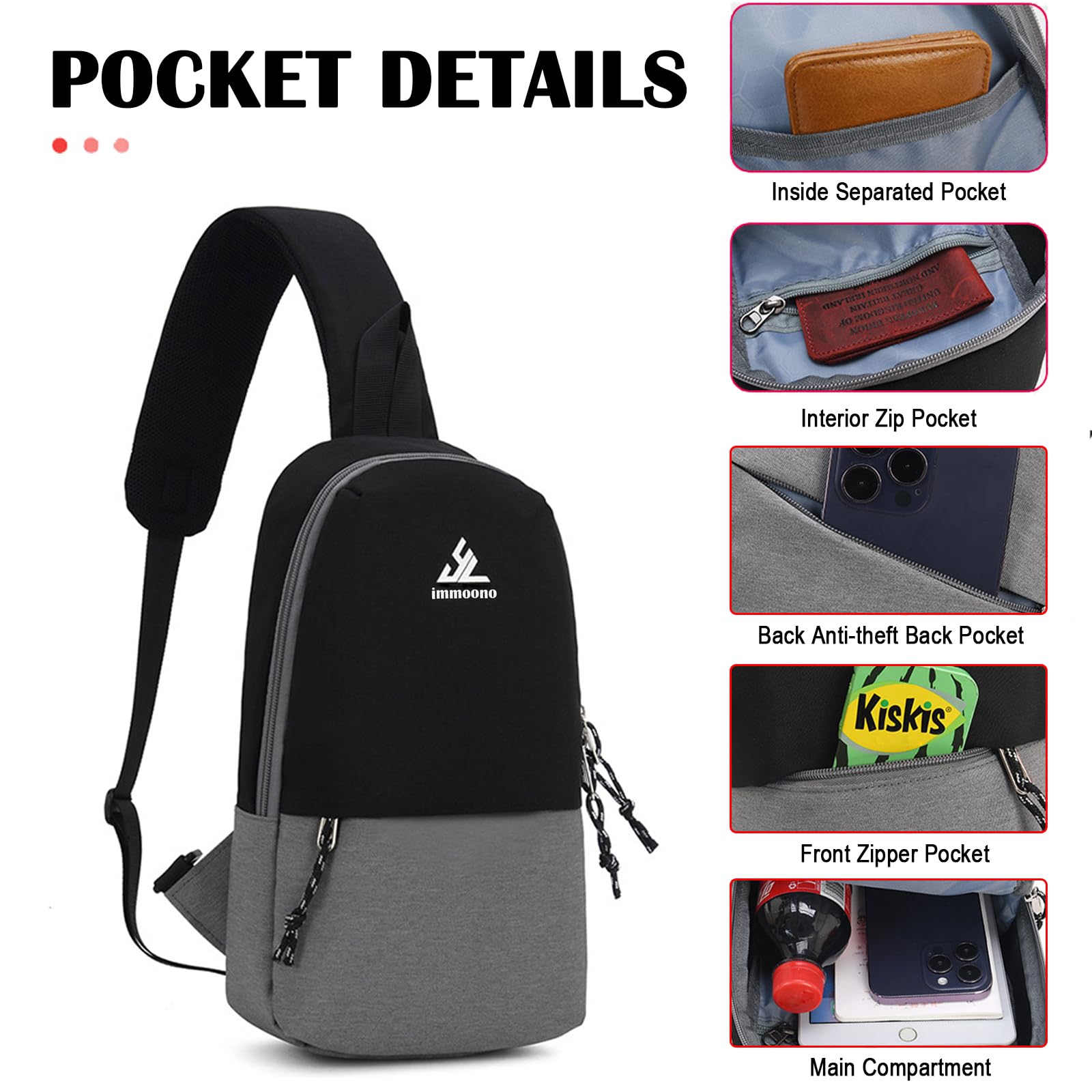 immoono Small Sling Backpack Unisex Shoulder Bag, Sling Bag Crossbody Purse for Women, Mens Crossbody Bag, Black