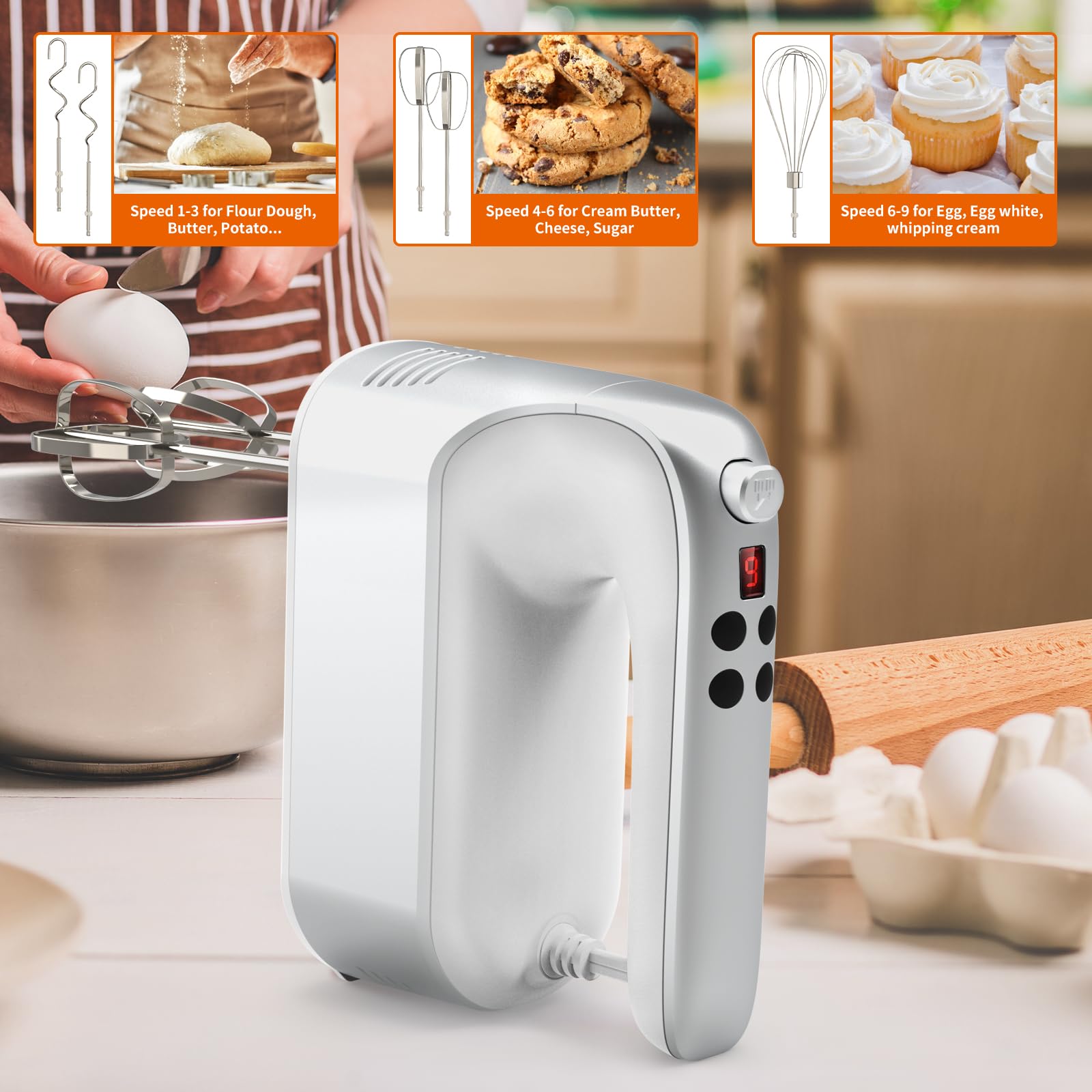 CBQ Hand Mixer Electric, 9 Speed 400W Handheld Mixer with Digital Display, Touch Button, Turbo, Snop-On Storage Case, 5 Stainless Steel Accessories, Mixer Electric Handheld for Cake, Cookie, Egg,