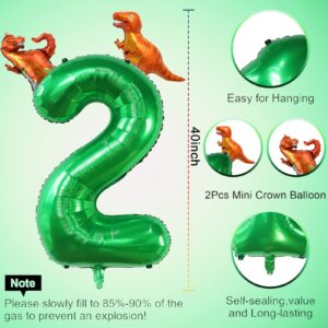 40 Inch Green Number 2 & 2 Pcs Mini Dinosaur Balloon for Boys Birthday Party Decorations, 2nd Birthday Dinosaur Party Supplies, Green Jungle Dinosaur Theme Birthday Party Balloons Decorations