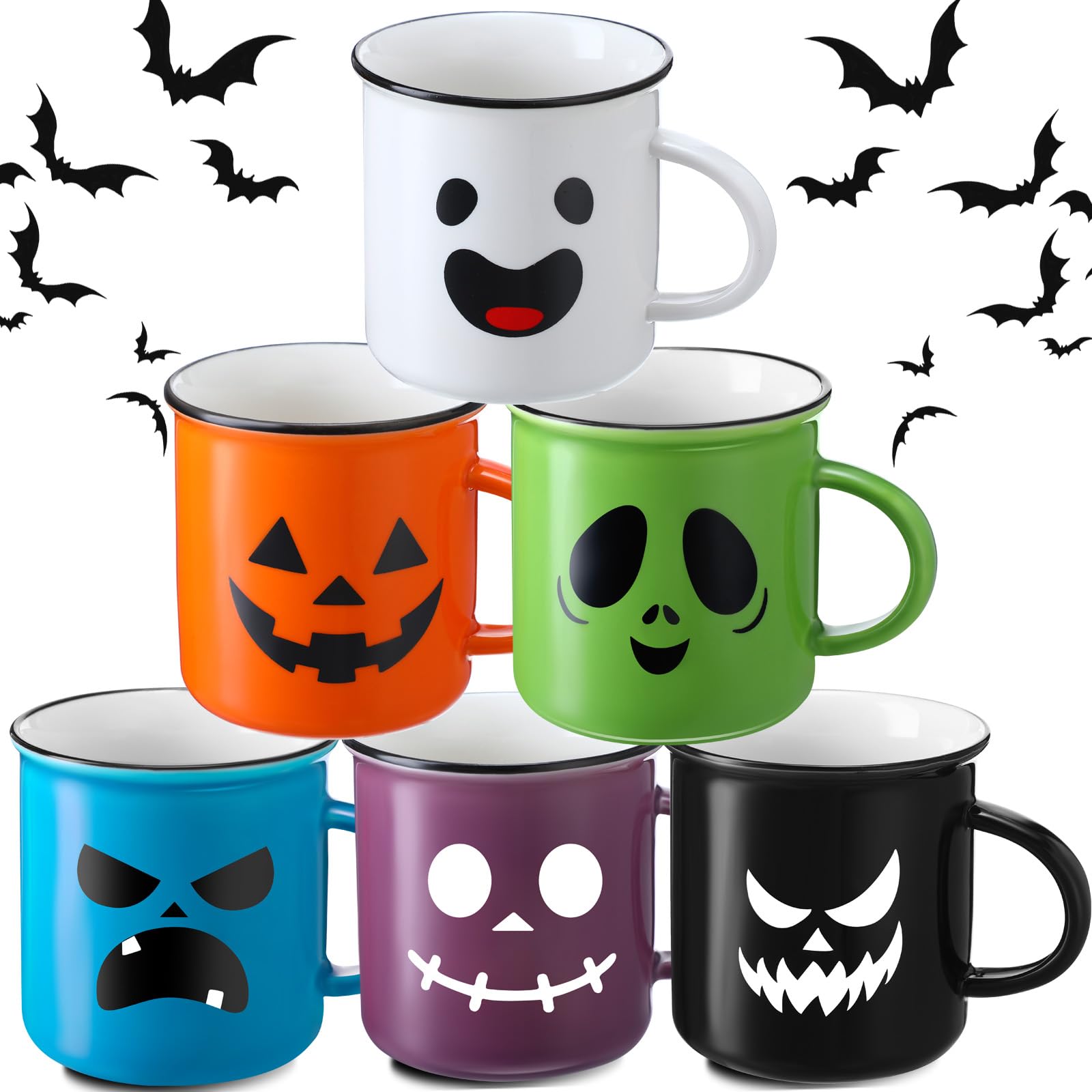 Bokon Halloween Coffee Mug Set of 6 Scary Pumpkin Ghost Spooky Smile Face Ceramic Cup Trick or Treat Gifts for Fall Party Decor Home Office Housewarming Novelty Accessories, 8.5 Oz, 6 Colors