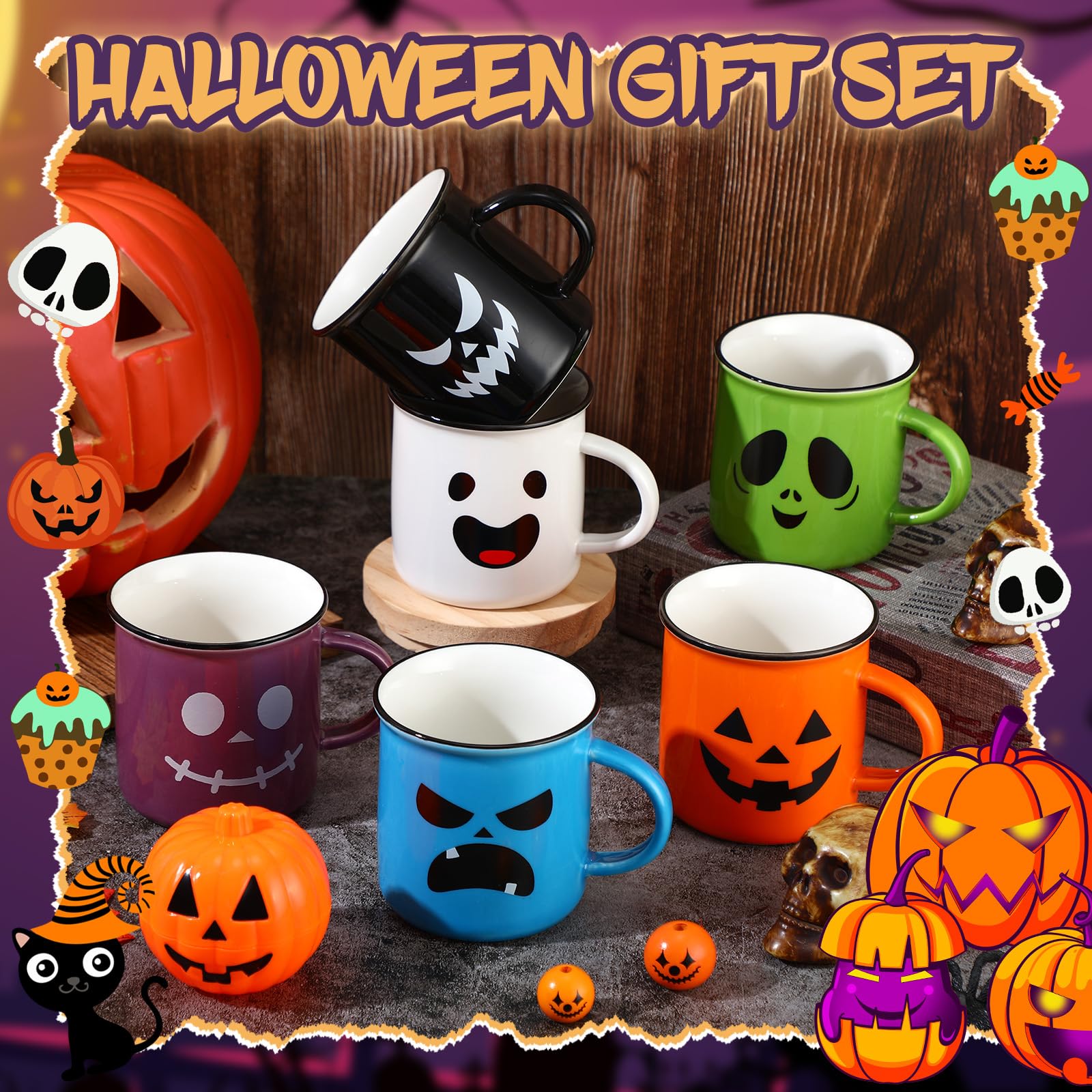 Bokon Halloween Coffee Mug Set of 6 Scary Pumpkin Ghost Spooky Smile Face Ceramic Cup Trick or Treat Gifts for Fall Party Decor Home Office Housewarming Novelty Accessories, 8.5 Oz, 6 Colors